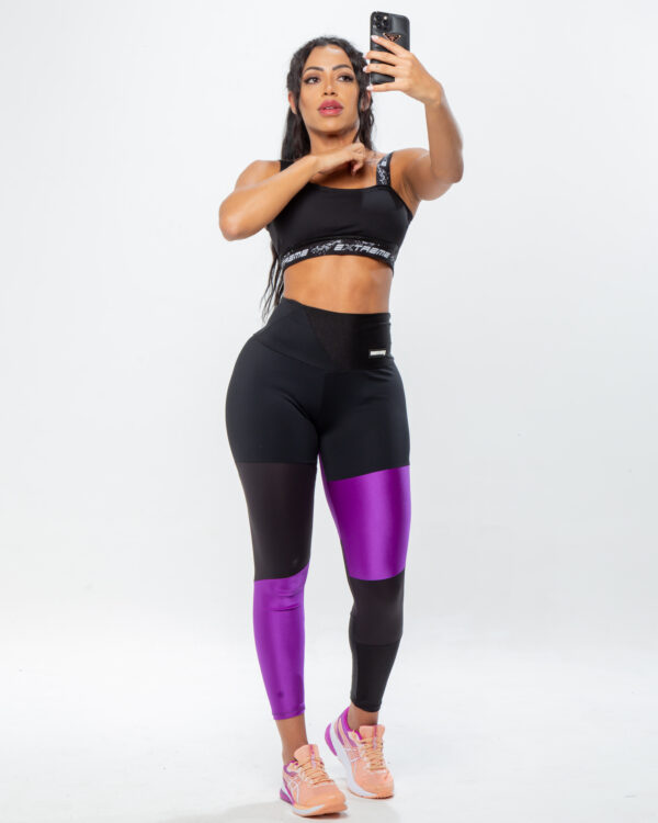 Legging Fitness Feminina - Preta Com Recorte roxo - Image 2
