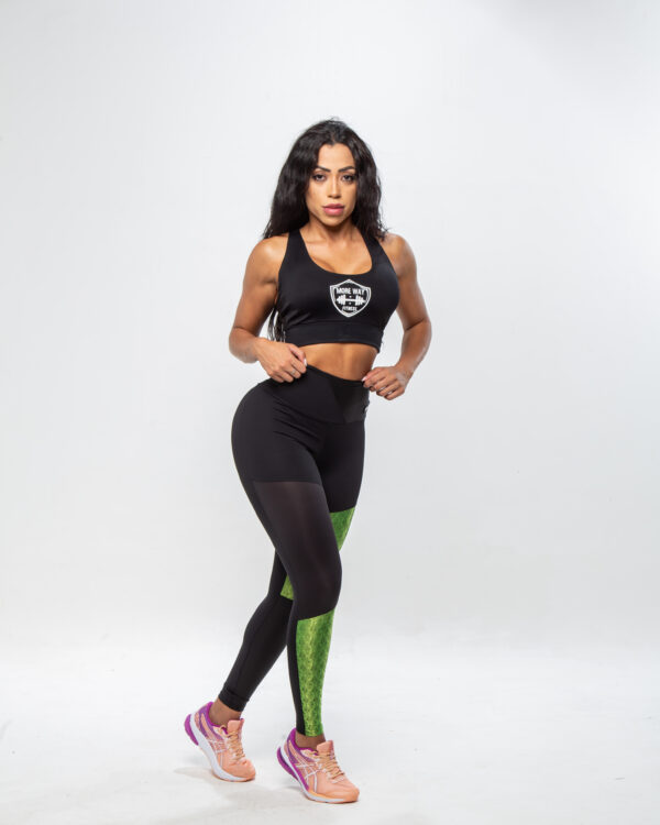 Legging Fitness Feminina - Preta com tecido trabalhado detalhe verde florescente - Image 5