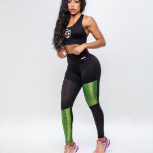 Legging Fitness Feminina - Preta com tecido trabalhado detalhe verde florescente